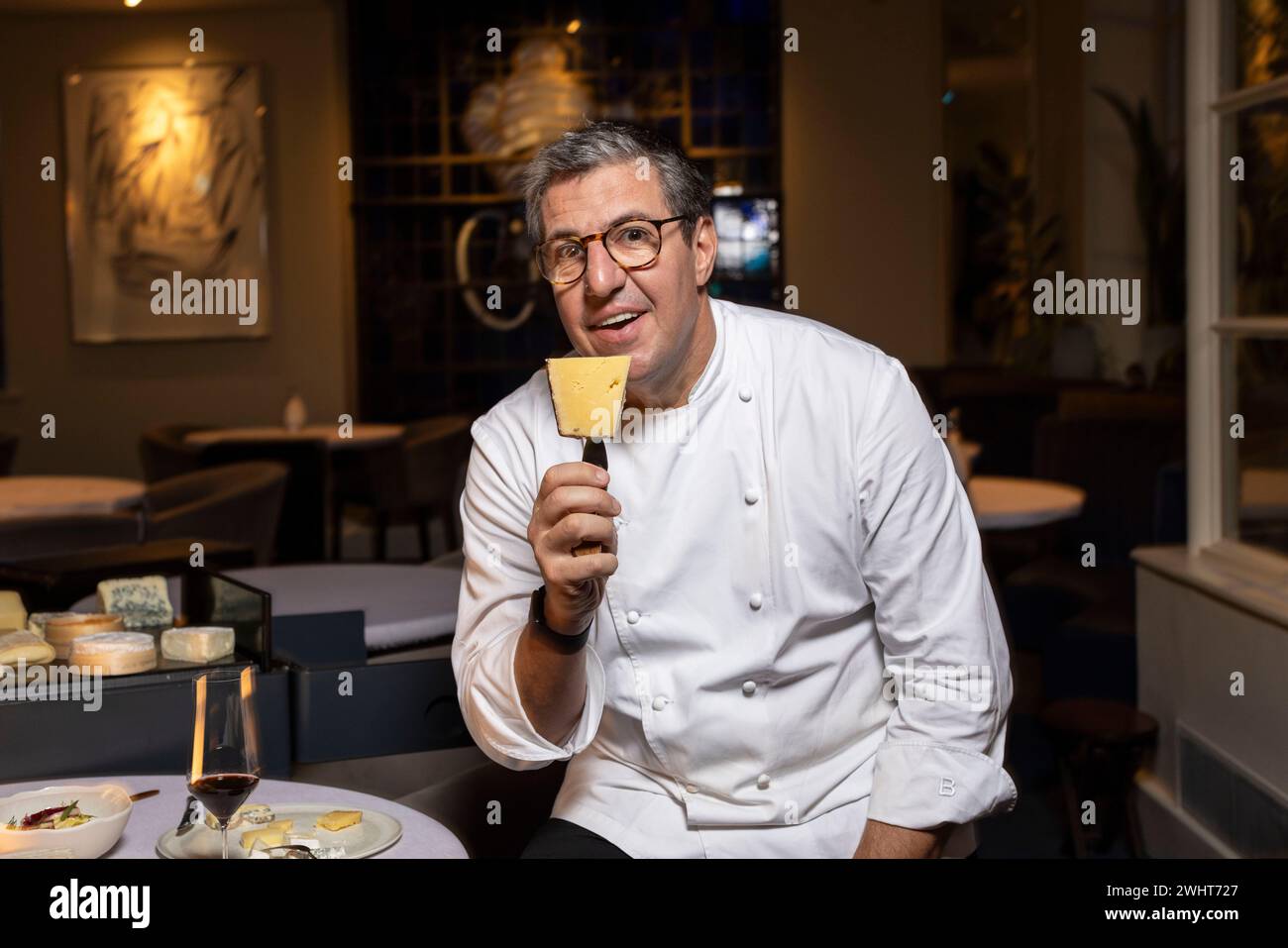 Portraits of Claude Bosi with the cheese trolly and cheeseboard at Bibendum Restuarant, Michelin House, South Kensington, London, UK Stock Photo