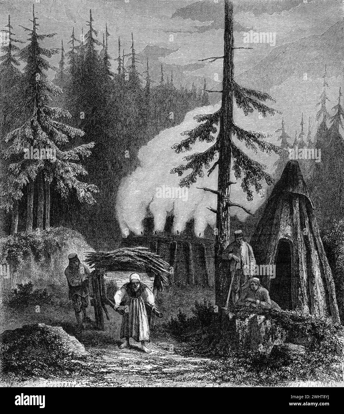 Charcoal Makers or Charcoal Burners and Charcoal Kilns in the Harz Mountain Forest or Forested Highlands of the Harz Saxony-Anhalt Germany. Vintage or Historic Engraving or Illustration 1863 Stock Photo