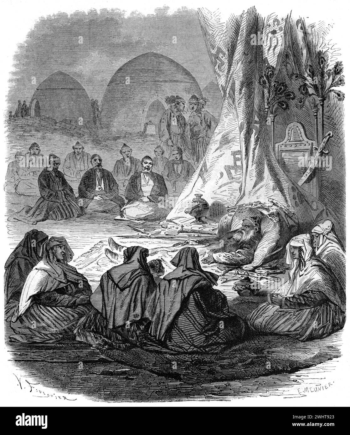 Kirghiz Funeral Kirghiz Kirghiz or Kyrgyz Ceremony in Kyrgyzstan or Kirghizstan. Vintage or Historic Engraving or Illustration 1863 Stock Photo