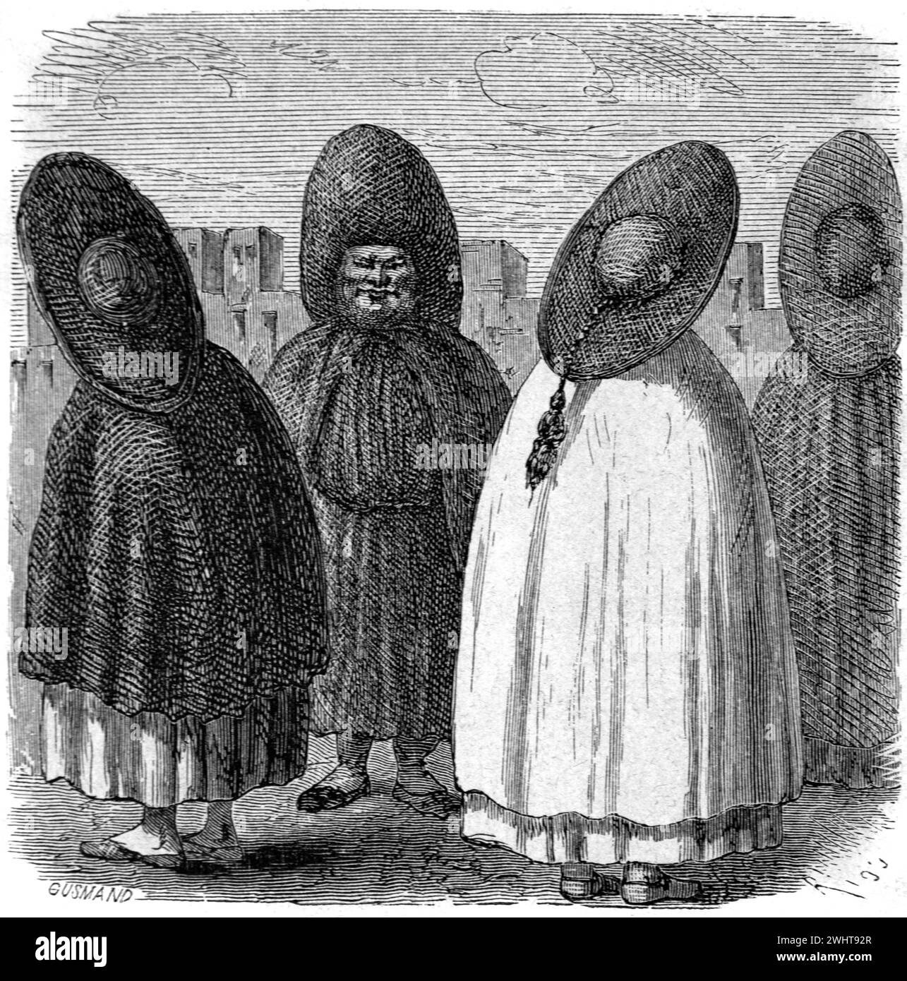 Indigenous or Quechuan Christian Monks Wearing Religious Clothing, Clerical Clothing, Religious Habit, Dress or Vestment and Wide-Brimmed Hats, Cuzco or Cusco Peru. Vintage or Historic Engraving or Illustration 1863 Stock Photo