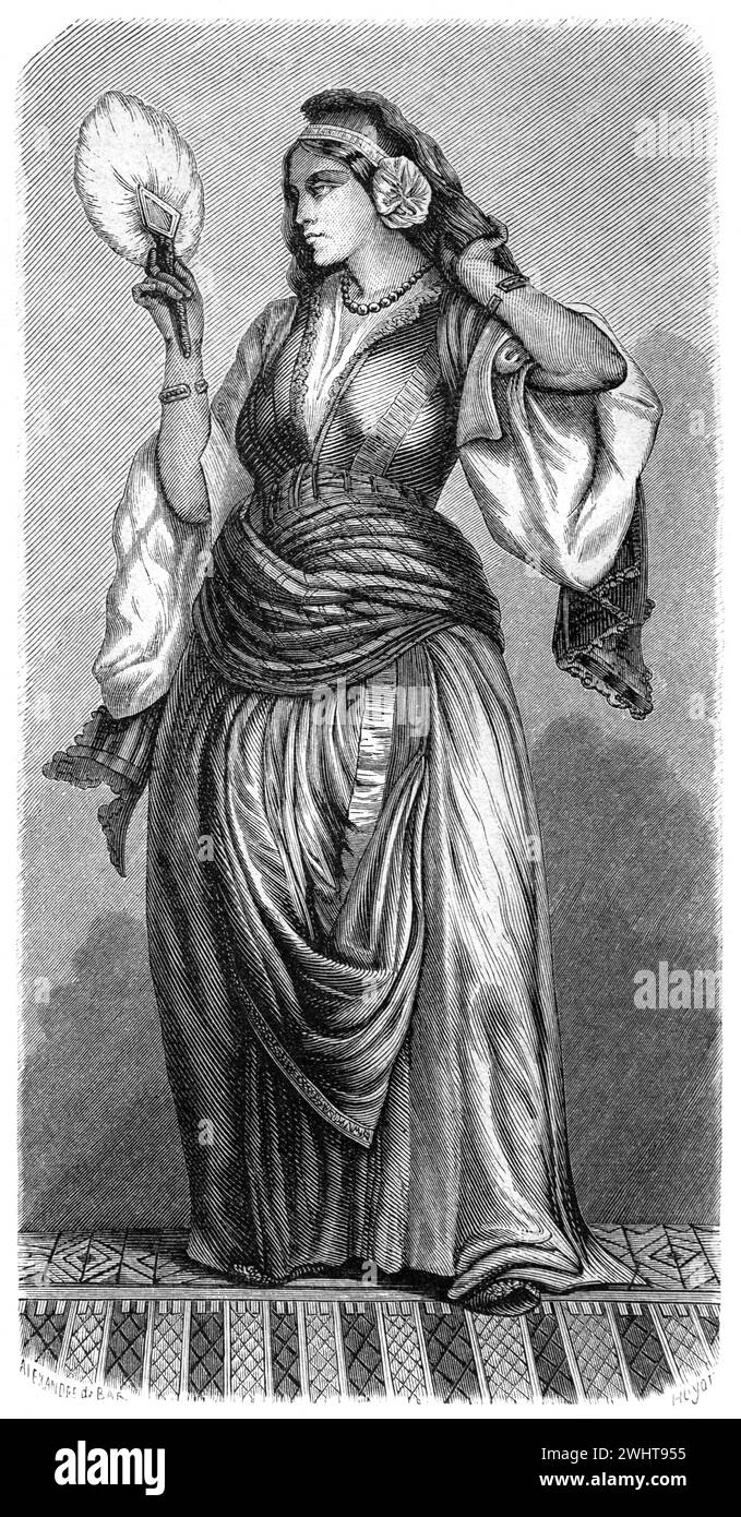 Bourgeois Woman, Well Dressed, Smart, Wealthy or Well To Do Egyptian  Woman Wearing Ethnic Costume Cairo Egypt. Vintage or Historic Engraving or Illustration 1863 Stock Photo