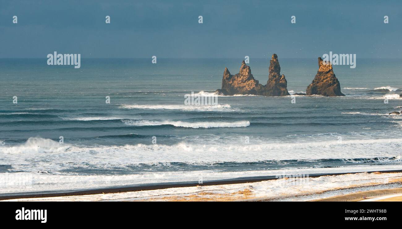 Vik I Myrdal and reynisdrangar rocks in the Atlantic ocean. Icelandic ...