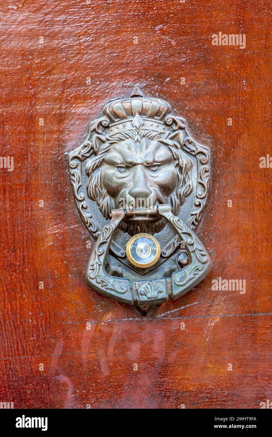 Antigua, Guatemala.  Door Knocker, Lion's Head. Stock Photo