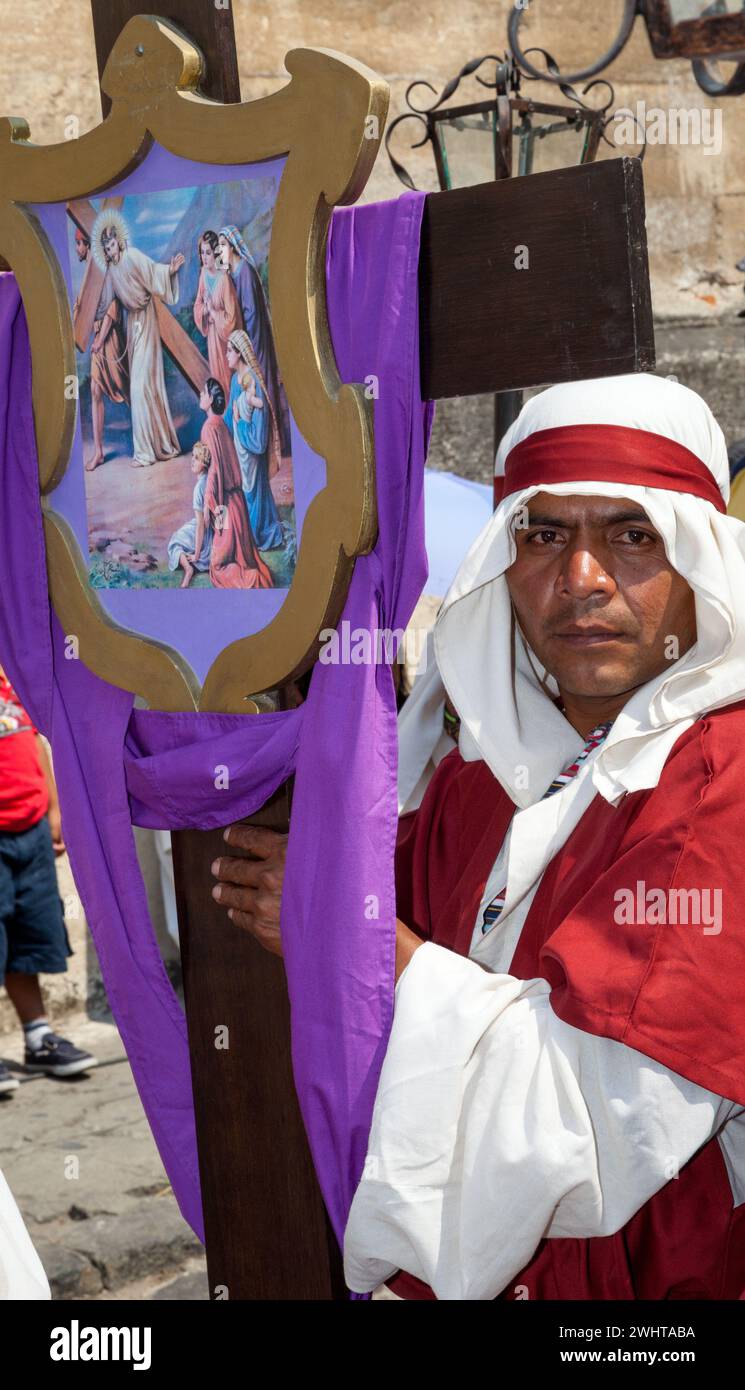 Antigua, Guatemala.  Penitent in a Semana Santa Procession. Stock Photo
