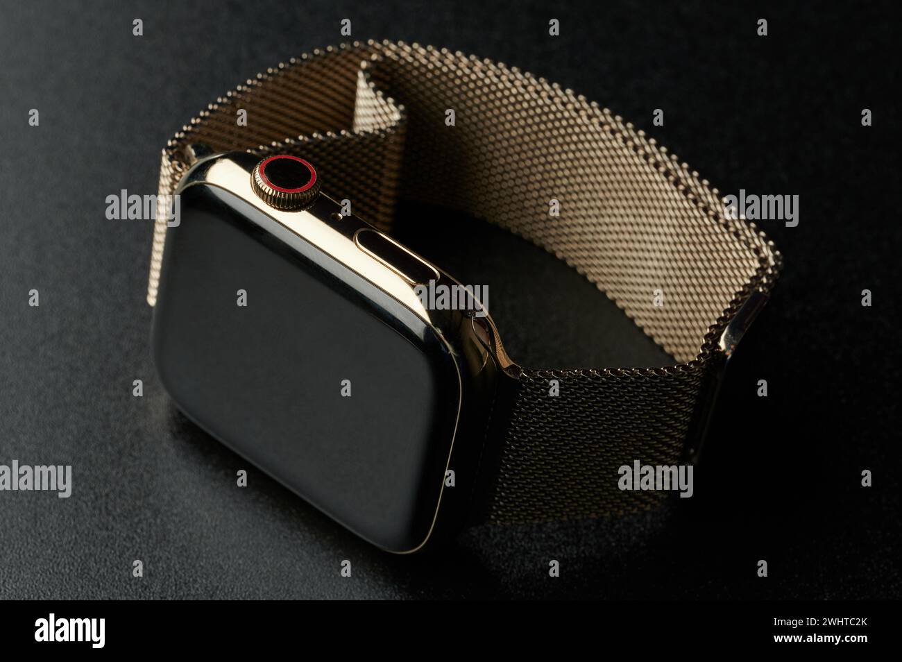New York, USA - January 31, 2024: Apple watch series 8 with metal link band on black background Stock Photo