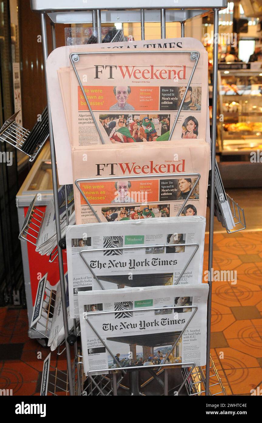 Copenhagen /Denmark./ 10.March 2019.  english language dailies financial times and the new york times interntional issue at news stand in danish capital.  (Photo..Francis Joseph Dean / Deanpictures. Stock Photo