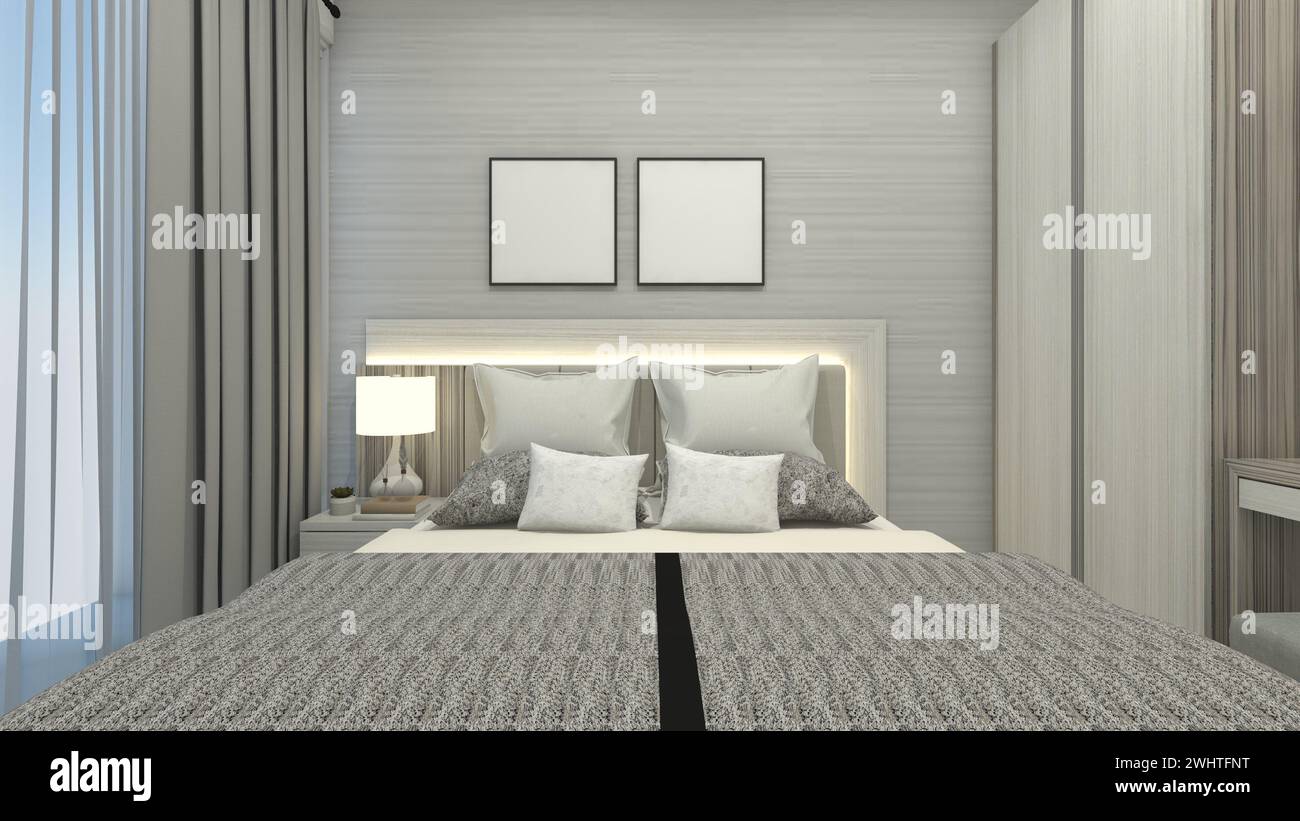 View of Minimalist Bedroom Design with Simple Wooden Headboard and Lighting ...