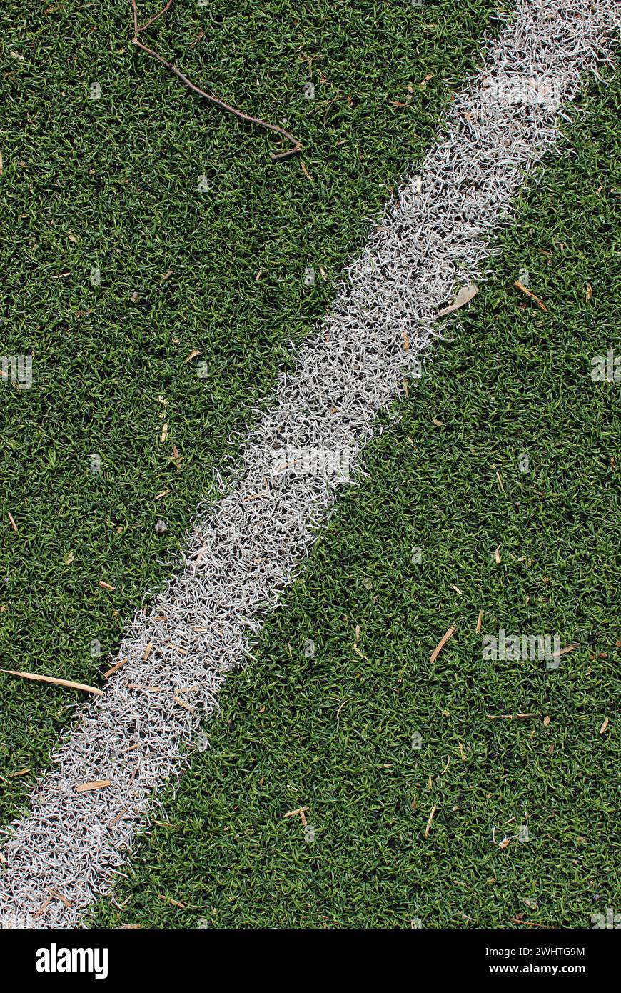 Green artificial lawn with a white painted dividing line texture background Stock Photo