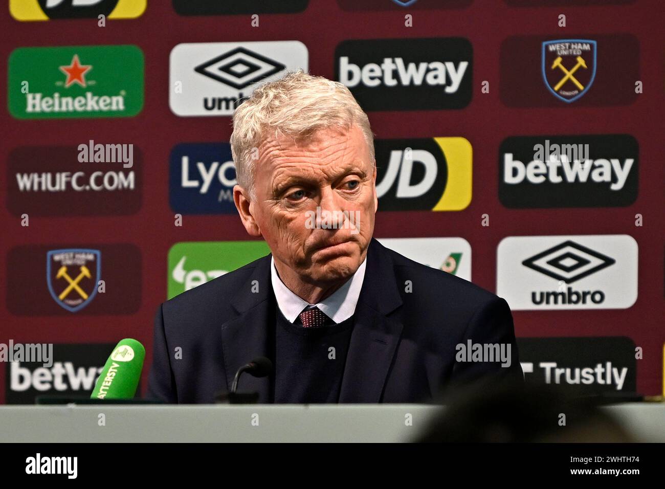 London, UK. 11th Feb, 2024. David Moyes (West Ham manager) in the aftermatch press conference during the West Ham vs Arsenal Premier League match at the London Stadium Stratford. This Image is for EDITORIAL USE ONLY. Licence required from the the Football DataCo for any other use. Credit: MARTIN DALTON/Alamy Live News Stock Photo