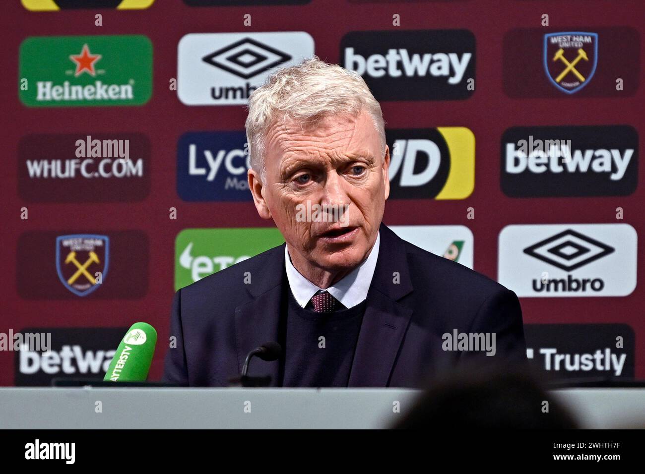 London, UK. 11th Feb, 2024. David Moyes (West Ham manager) in the aftermatch press conference during the West Ham vs Arsenal Premier League match at the London Stadium Stratford. This Image is for EDITORIAL USE ONLY. Licence required from the the Football DataCo for any other use. Credit: MARTIN DALTON/Alamy Live News Stock Photo