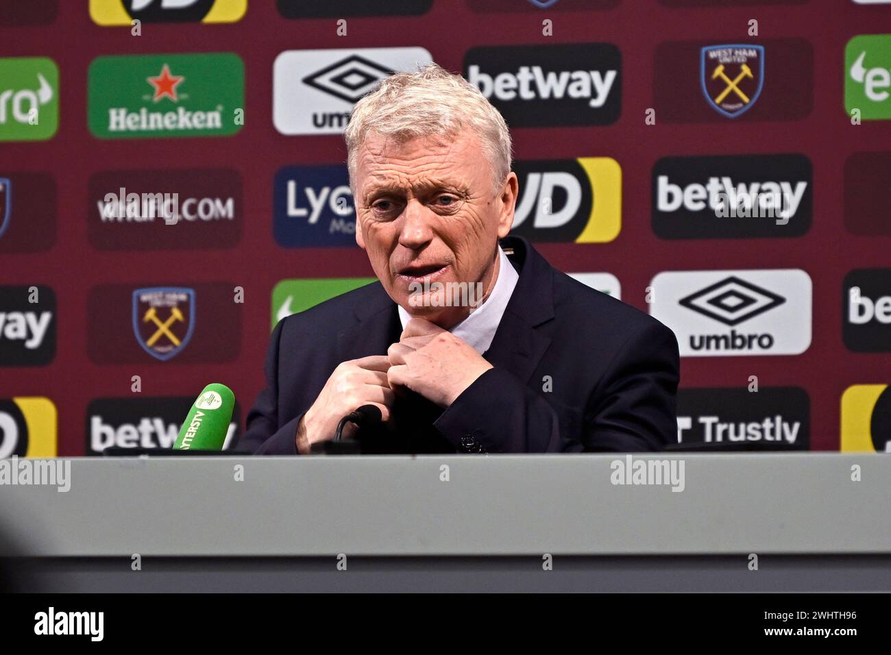 London, UK. 11th Feb, 2024. David Moyes (West Ham manager) in the aftermatch press conference during the West Ham vs Arsenal Premier League match at the London Stadium Stratford. This Image is for EDITORIAL USE ONLY. Licence required from the the Football DataCo for any other use. Credit: MARTIN DALTON/Alamy Live News Stock Photo