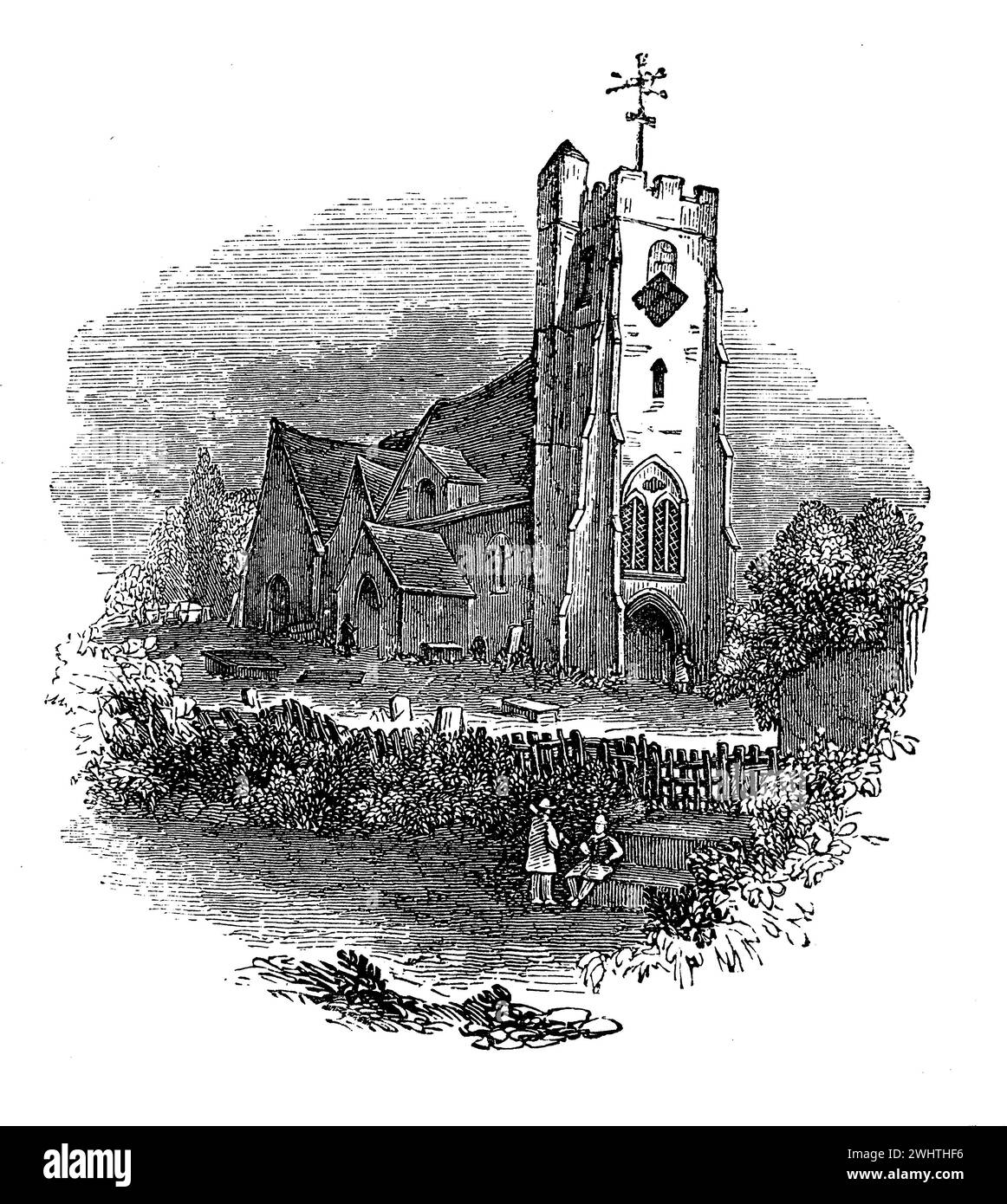Church of St Mary and St Nicholas, Leatherhead , Surrey; 19th century sketch. Black and White Illustration from the 'Old England' published by James Sangster in 1860. Stock Photo