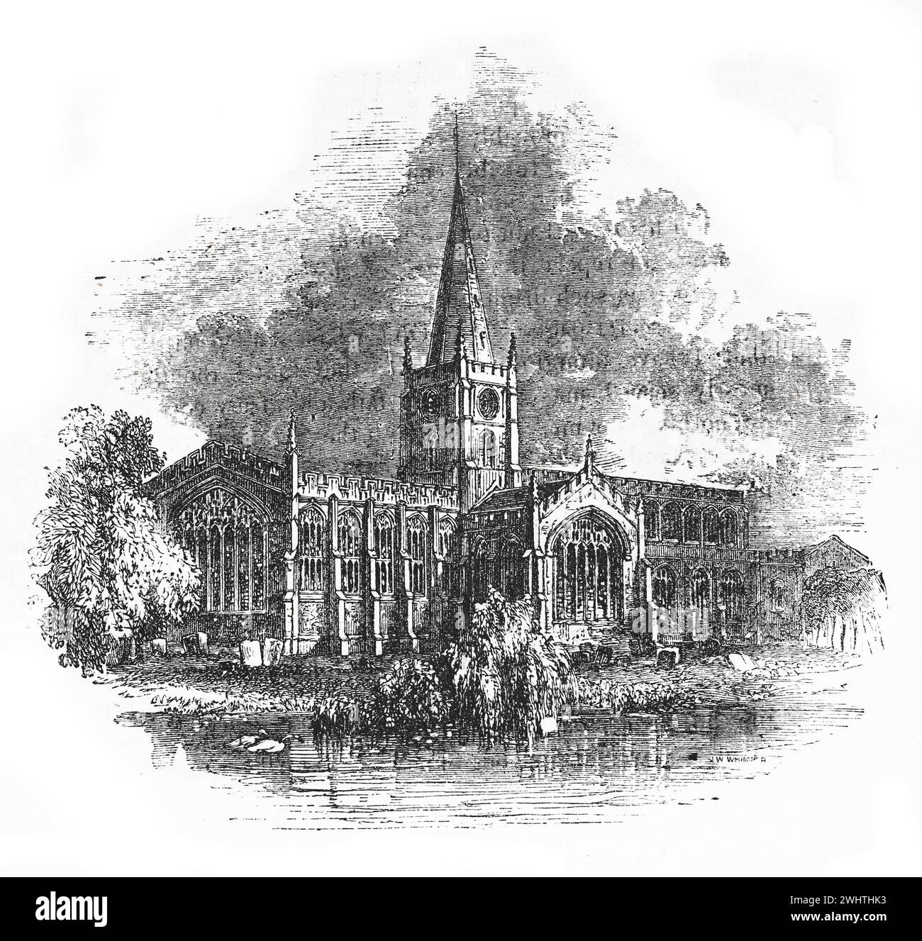 Sketch of Holy Trinity Church, Stratford upon Avon, Warwickshire. 19th century. Black and White Illustration from the 'Old England' published by James Sangster in 1860. Stock Photo