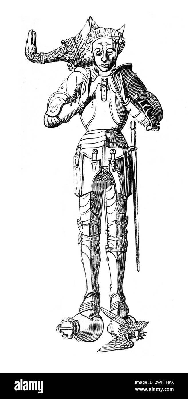 Effigy of Sir Richard Beauchamp, Earl of Warwick. From his monument in the Lady Chapel, St Mary's Church, Warwick. Black and White Illustration from the "Old England" published by James Sangster in 1860. Stock Photo