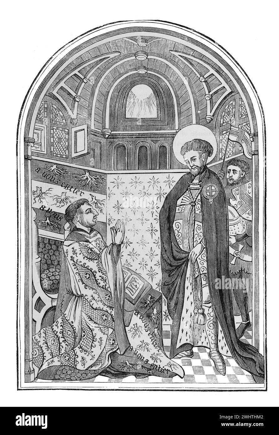 The Duke of Bedford and St George from the Bedford Missal. Black and White Illustration from the 'Old England' published by James Sangster in 1860. Stock Photo