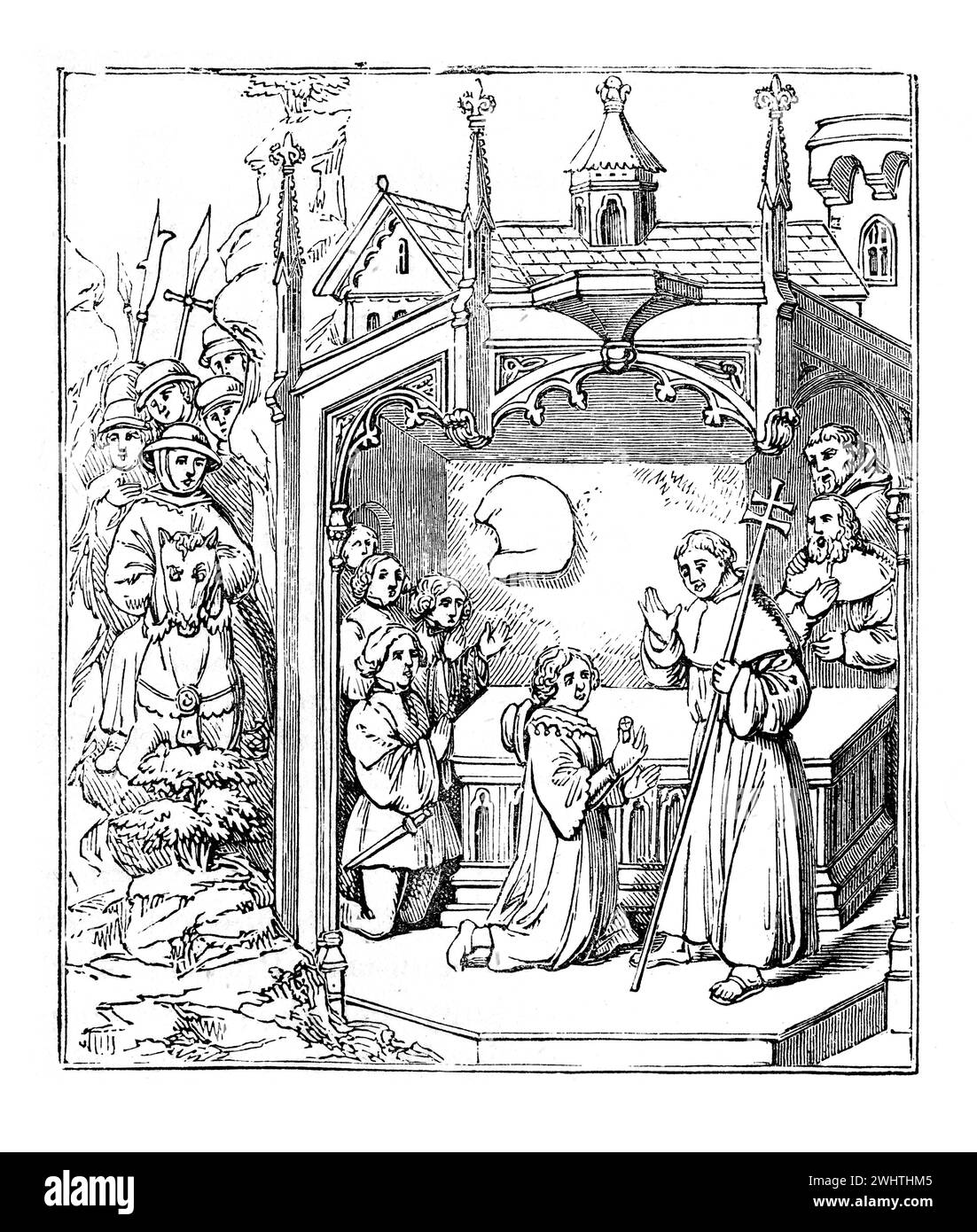 Richard Beauchamp, Earl of Warwick as a Pilgrim, worshipping at the Holy Sepulchre in Jerusalem. From MS of Rouse's History of the Earls of Warwick. Black and White Illustration from the 'Old England' published by James Sangster in 1860. Stock Photo