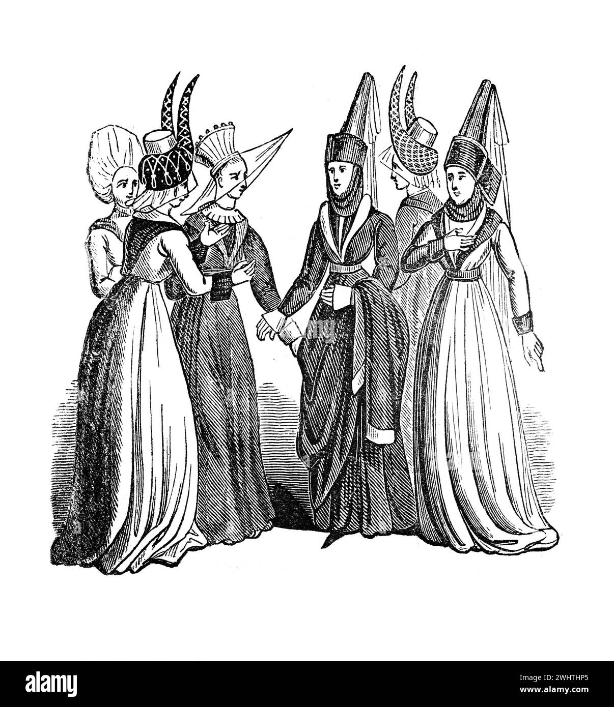 Female costume in the time of Edward IV. 15th Century England. Black and White Illustration from the 'Old England' published by James Sangster in 1860. Stock Photo