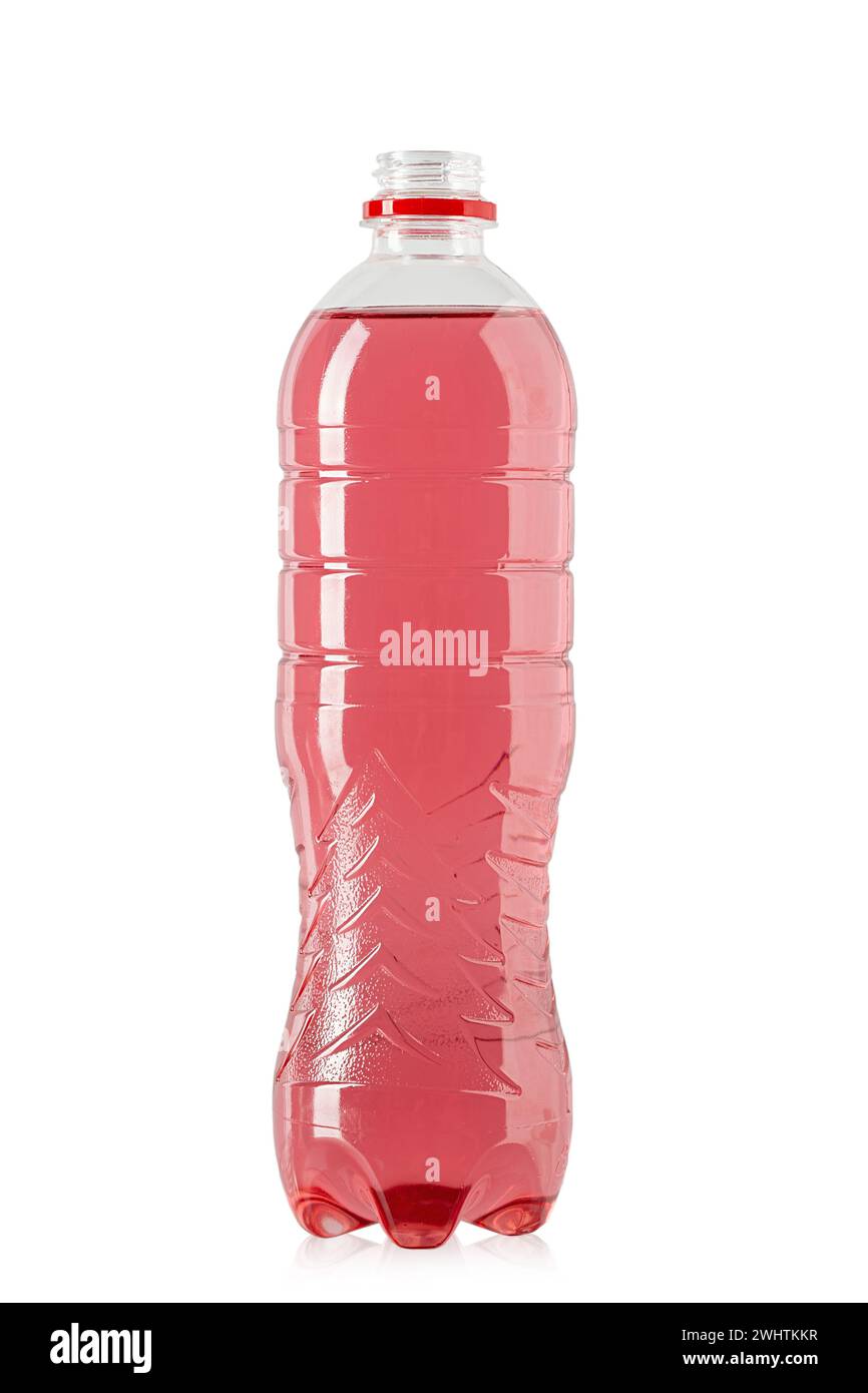 Red drink in an open plastic bottle. Isolated on a white background. File contains clipping path. Stock Photo