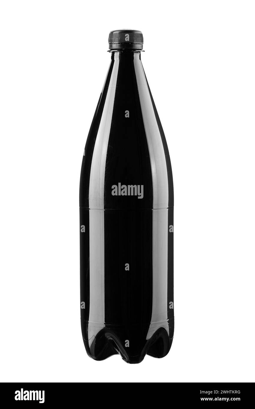Front view of PET plastic black bottle isolated on white background