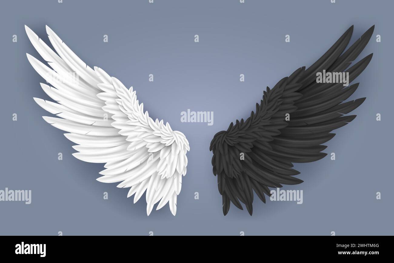 Realistic angel and demon wings. White dove wing with angelic nimbus