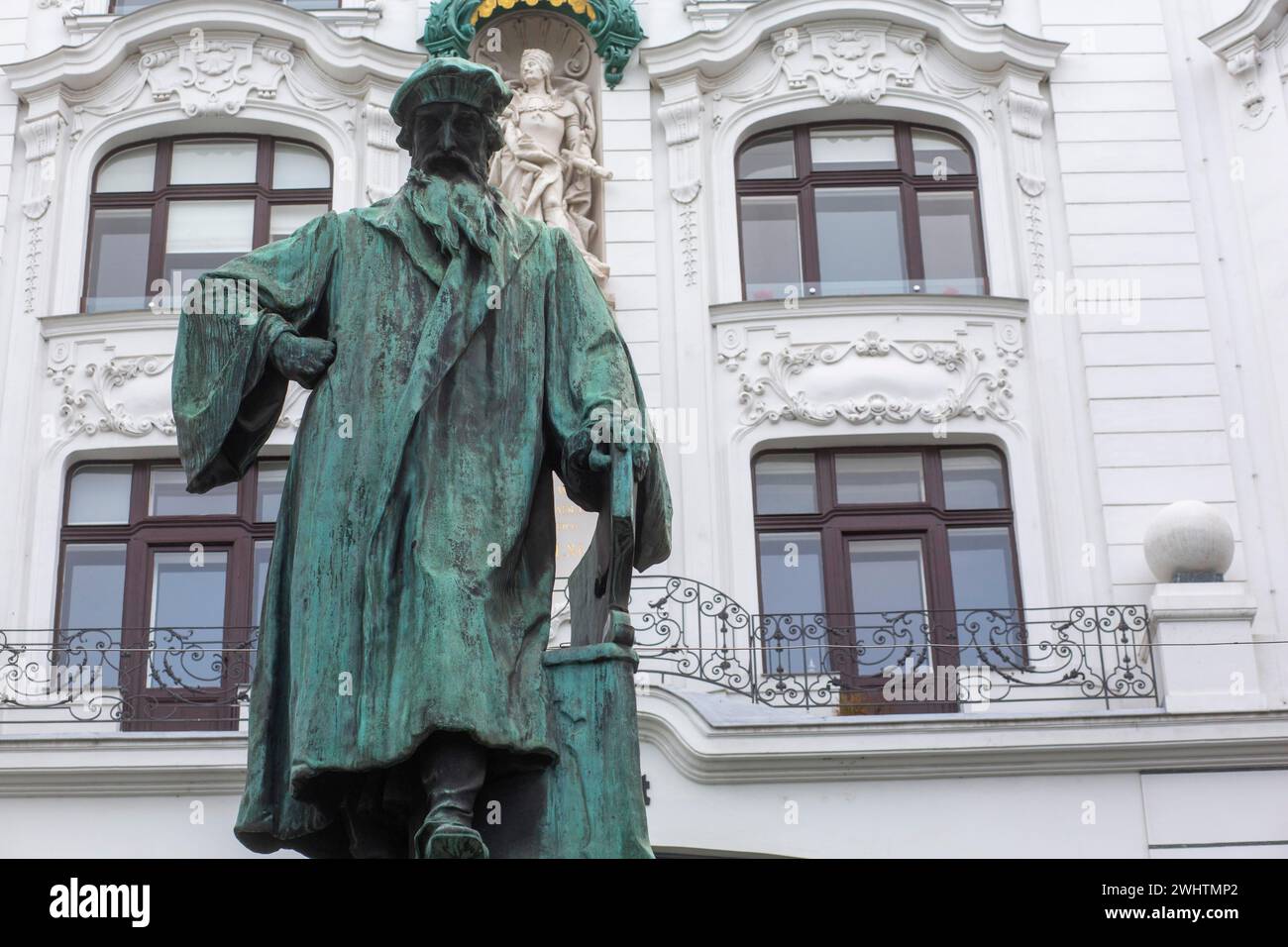 A statue of printing press inventor Gutenberg on a cold winter's day Stock Photo