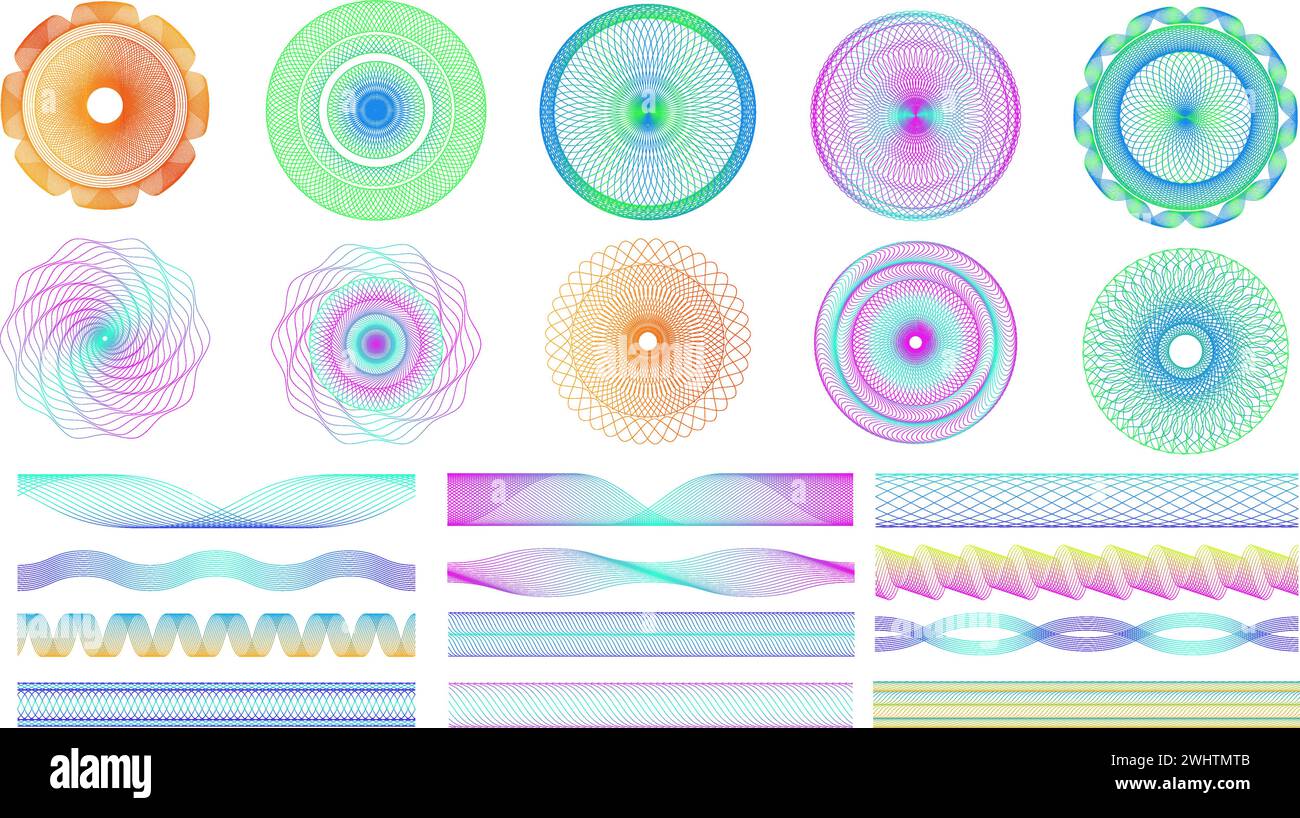 Seamless guilloche patterns. Spirograph geometric radial shapes and border lines dividers decorative art vector set Stock Vector