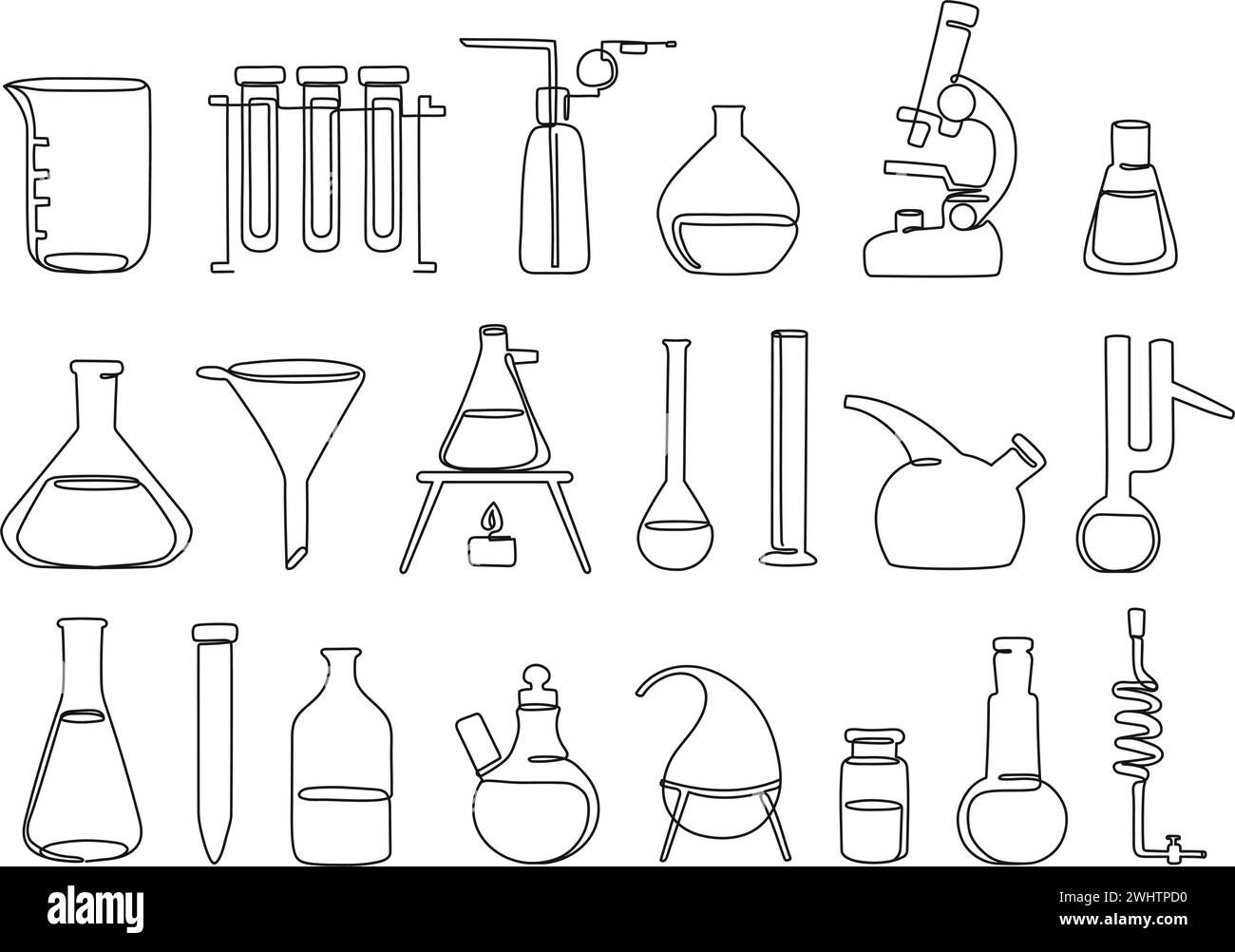 Continuous one line lab equipment. Beakers, test tubes, flasks and microscope, scientific instruments and laboratory icons vector illustration set Stock Vector