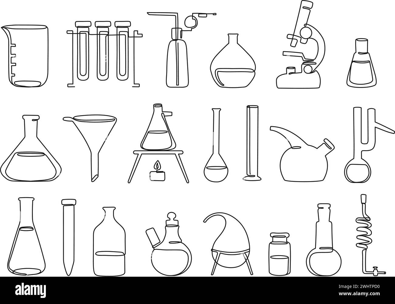 Continuous one line lab equipment. Beakers, test tubes, flasks and