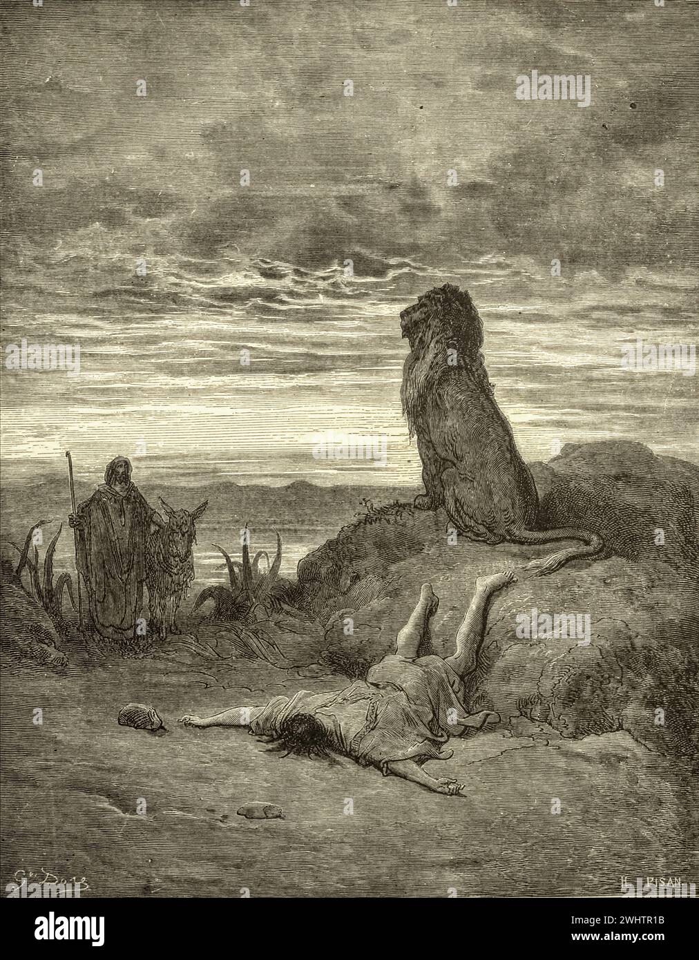 The Bible The prophet slain by a lion - by Gustave Dorè Stock Photo