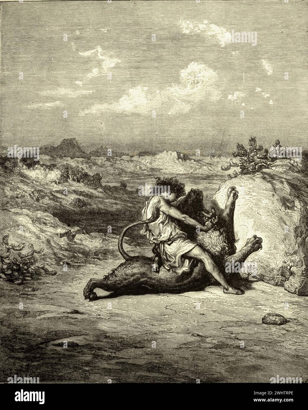 The Bible -Samson Slaying the lion by Gustave Dorè Stock Photo