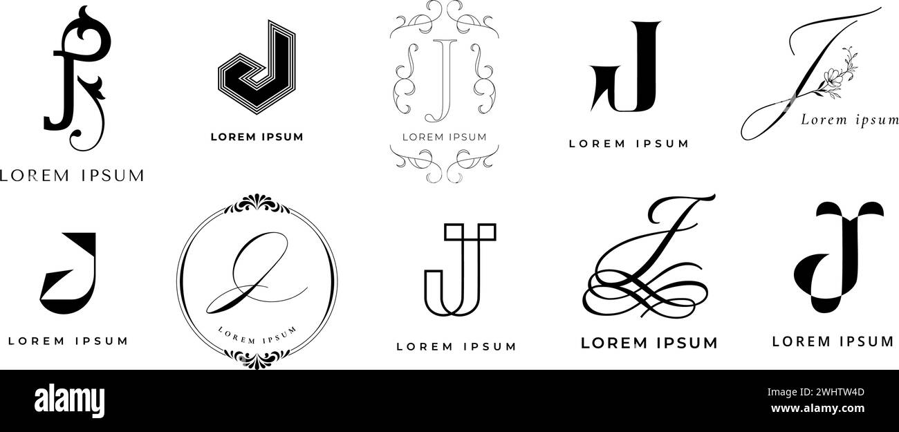 Creative J emblem. Letter j monogram for journal or jewelry brand. Geometric and lettering style template vector icon set Stock Vector