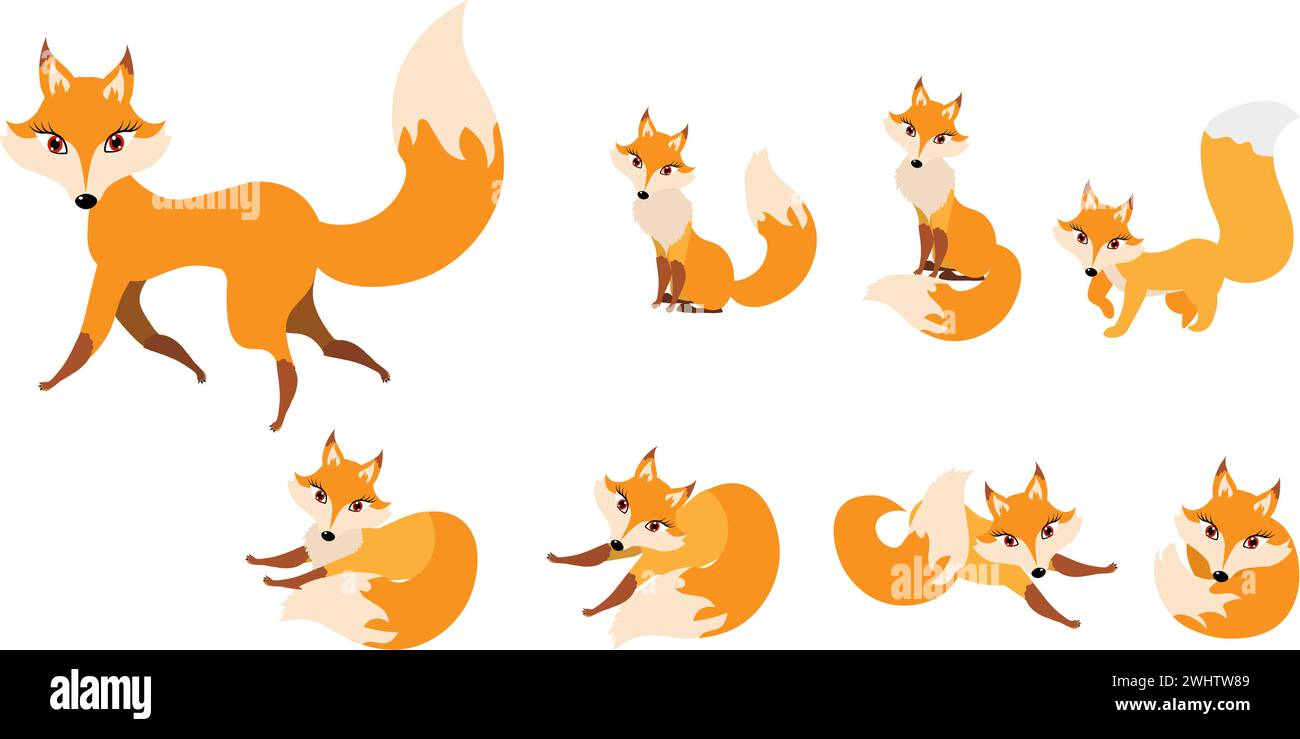 Funny collection of cute red foxes. Emotional little animal. Cartoon