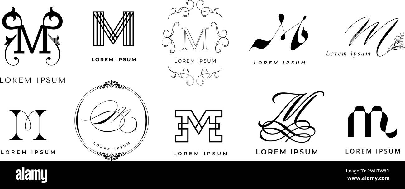 Creative M emblem. Letter m monogram for minimalist and modern branding. Typography template vector icon set Stock Vector