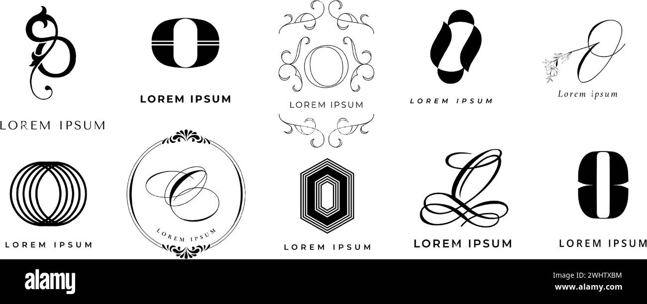 Creative O emblem. Letter o monogram branding template. Circle and oval business name initial vector icon set Stock Vector