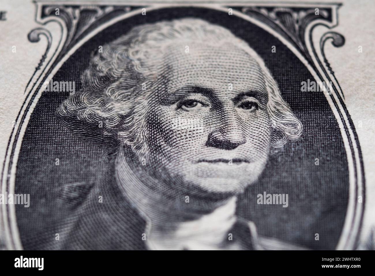 Portrait of George Washington on 1 dollar bill extreme close-up Stock