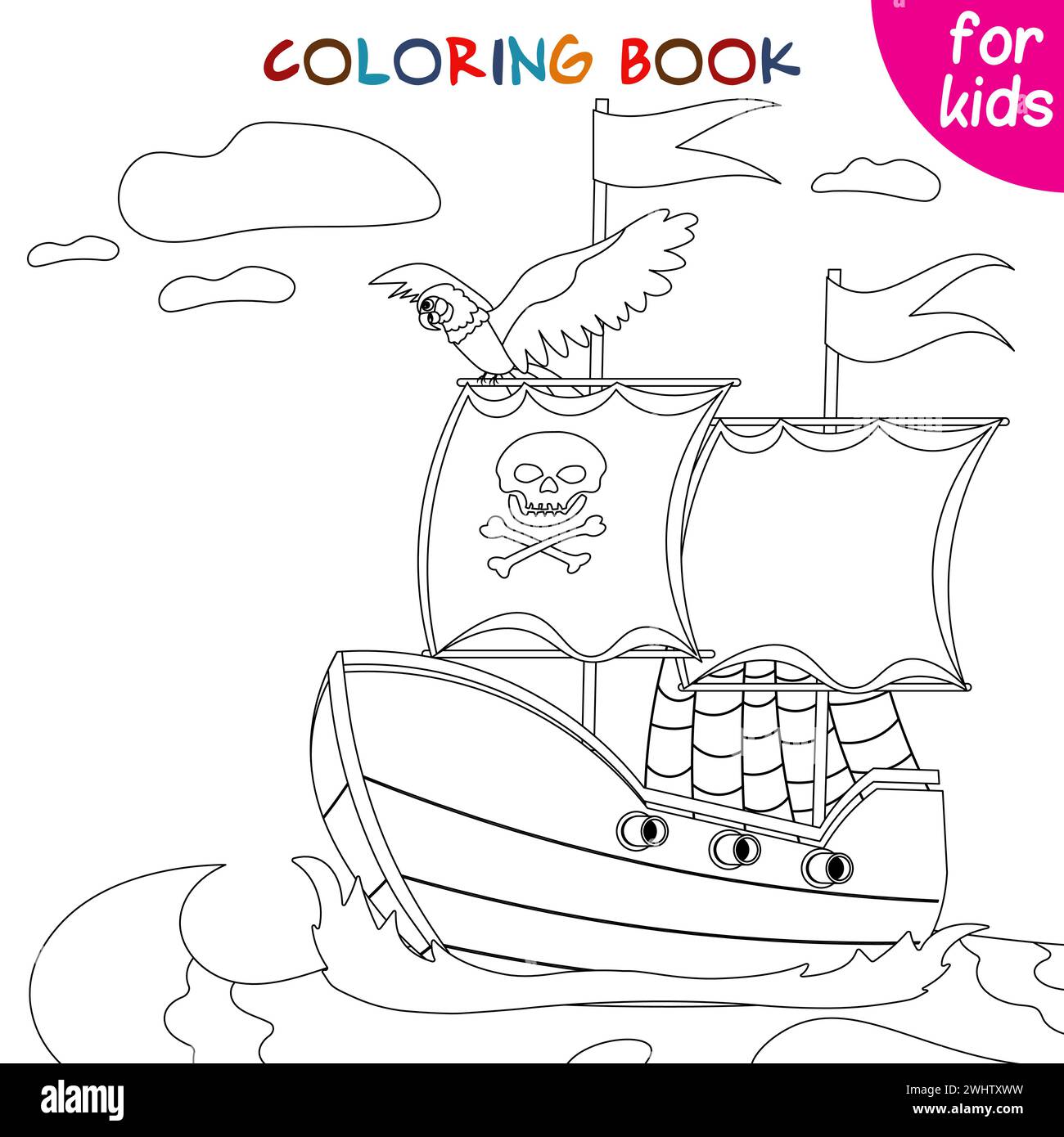 Pirate adventure. A pirate ship with a parrot floats on the waves ...