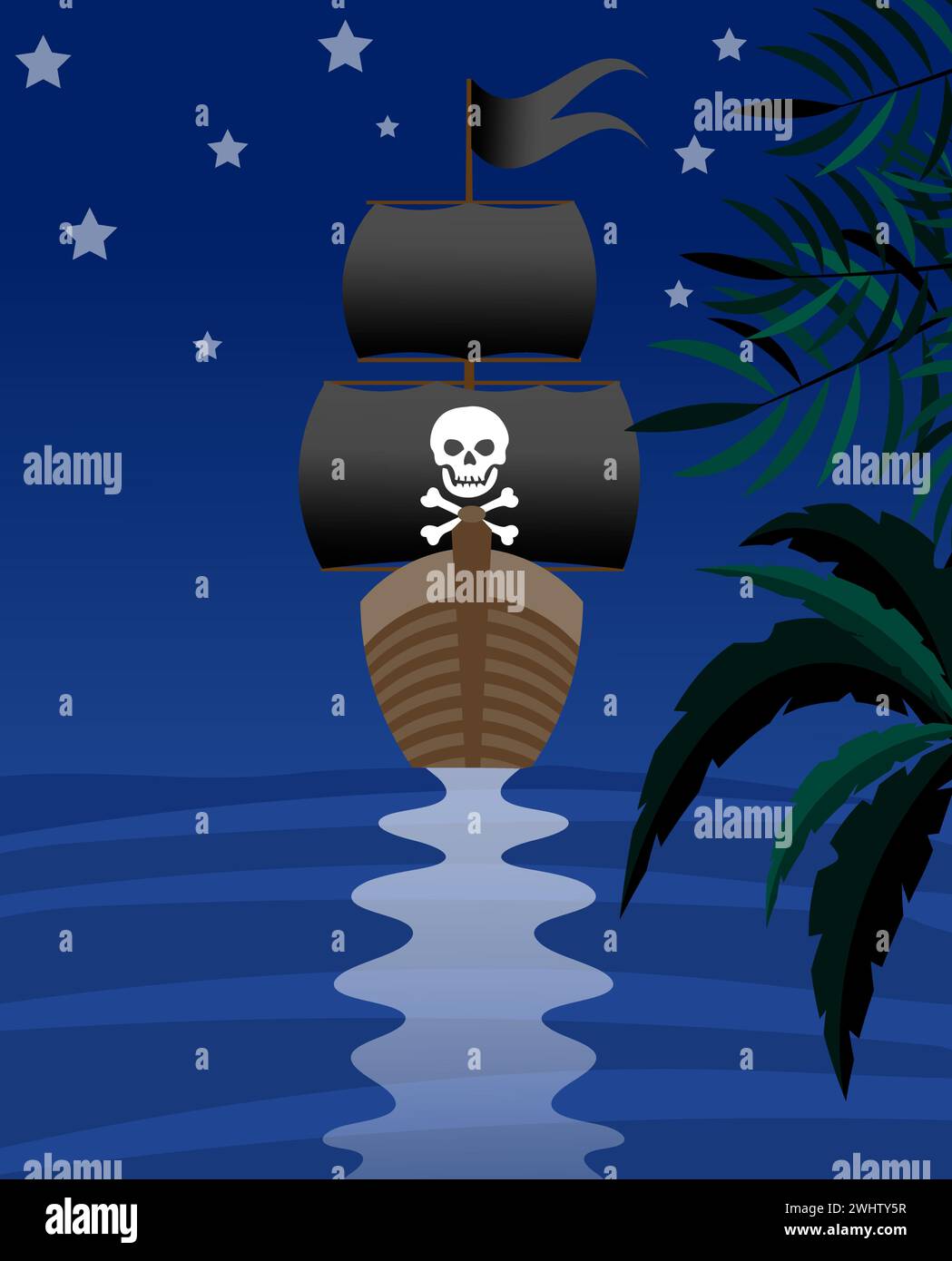 Pirate adventure. A pirate ship sails at night near a tropical island ...