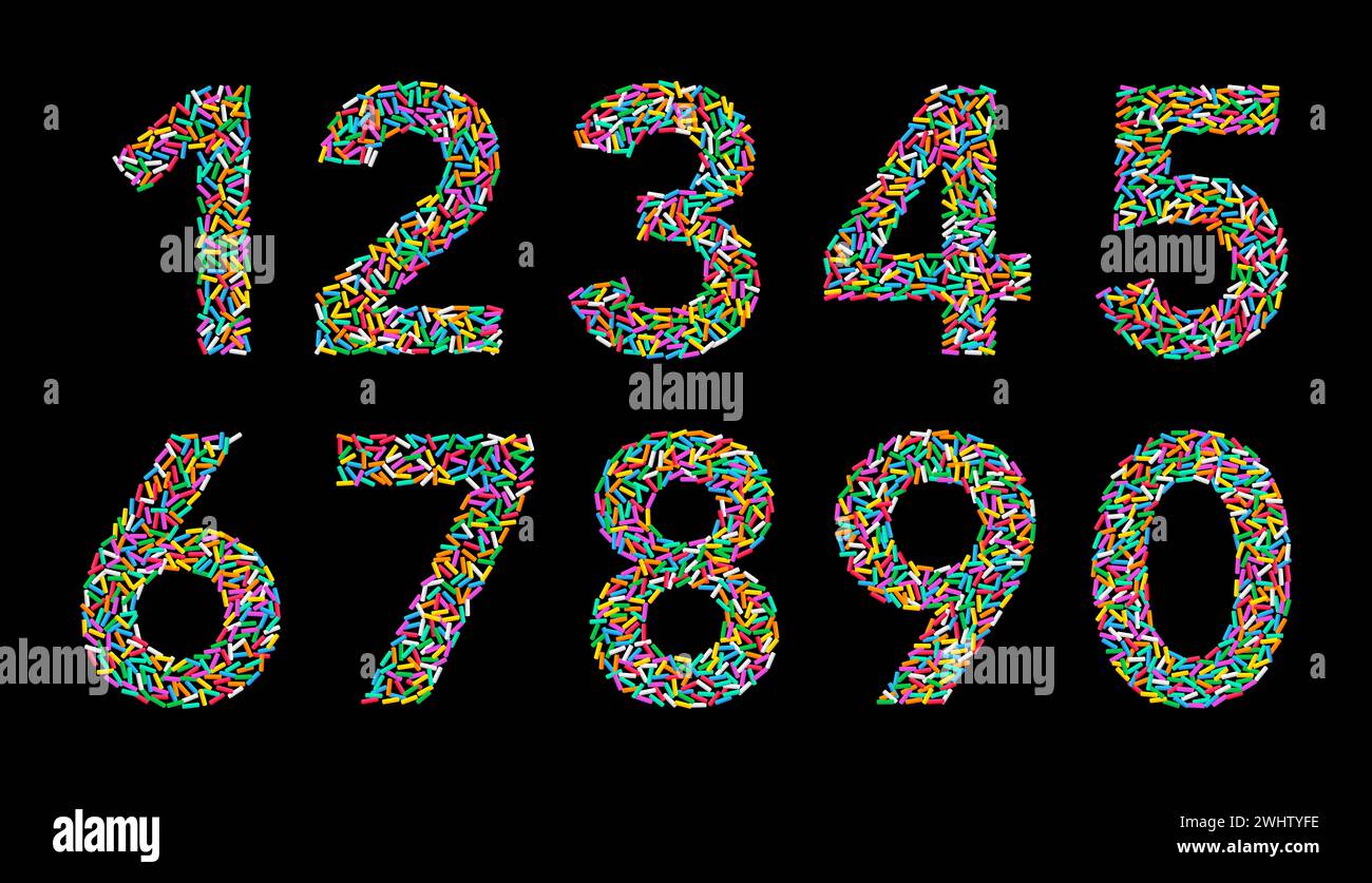 Numbers from one to zero, made with colorful rainbow sprinkles, on black background. Ten numbers, made with randomly arranged sugar sprinkles. Stock Photo