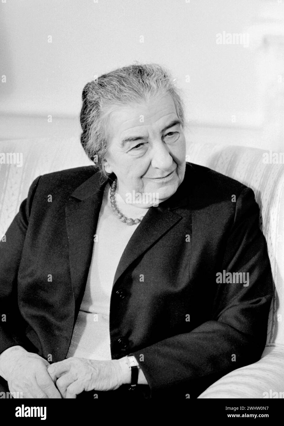 Golda Meir. Portrait of the former Israeli prime minister, Golda Meir (née Mabovitch; 1898- 1978) in 1973. Golda Meir was Israel's first and only female prime minister. Stock Photo