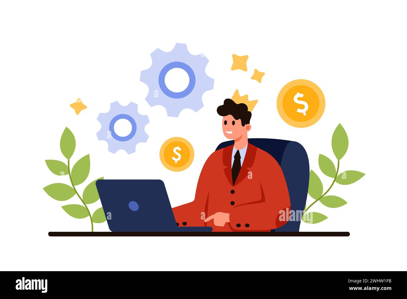 Big boss, arrogant behavior of successful confident businessman, employer or corporate director. Portrait of tiny man in gold crown of king sitting at table with laptop cartoon vector illustration Stock Vector
