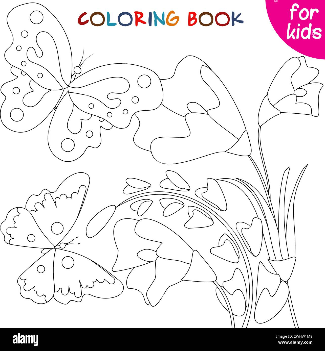 Butterflies collection. Butterflies fly near bluebells. Coloring book ...