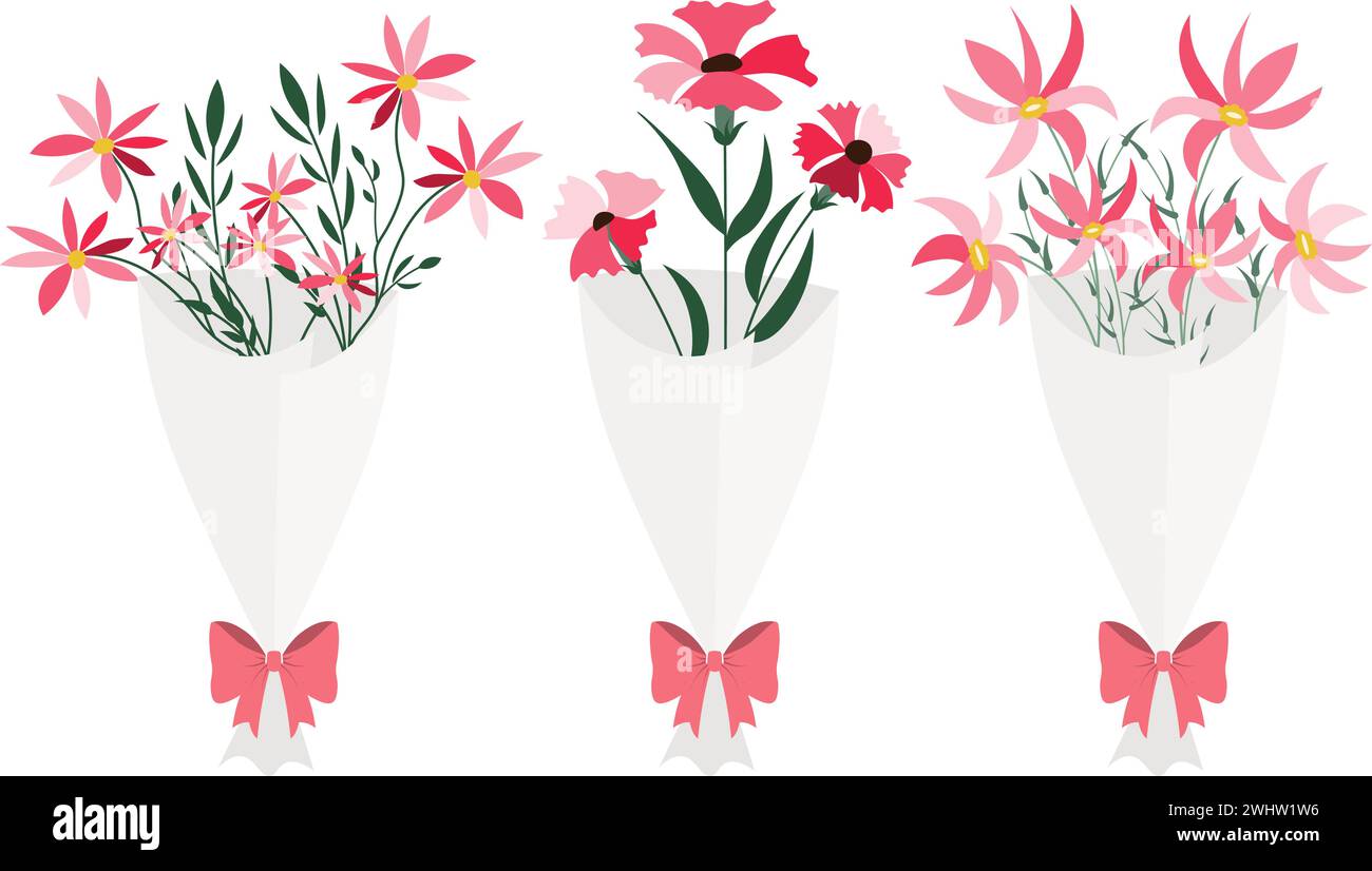 Set of bouquets of red meadow flowers, floral gift. Vector illustration ...