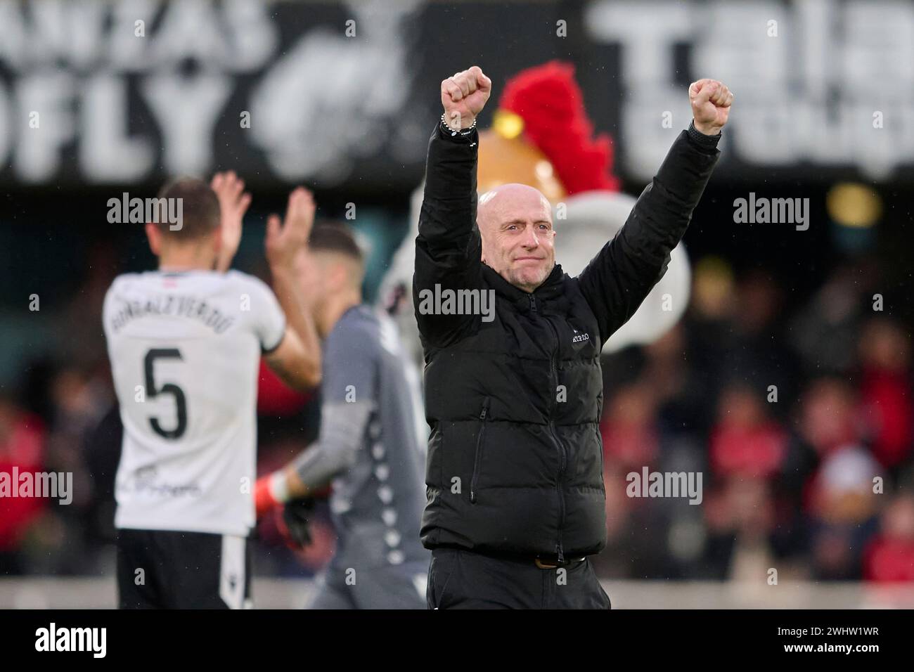 CARTAGENA, SPAIN - FEBRUARY 11: Julian Calero coach of FC Cartagena celebrate after winning during the LaLiga Hypermotion match between FC Cartagena and CD Mirandes at Cartagonova Stadium on February 11, 2024 in Cartagena, Spain. (Photo by Francisco Macia/Photo Players Images) Stock Photo