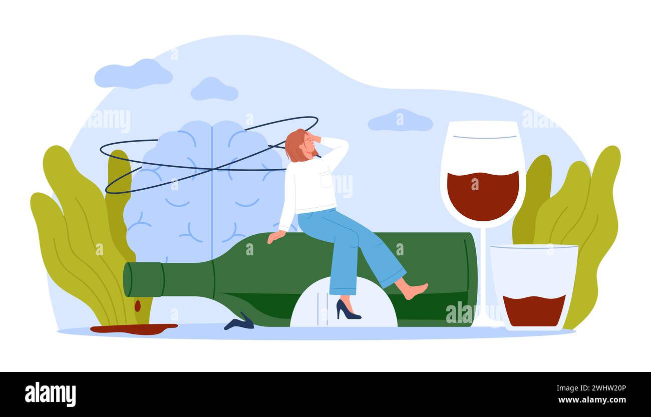 Alcohol hangover, headache and dizziness in addict. Tiny addicted tired