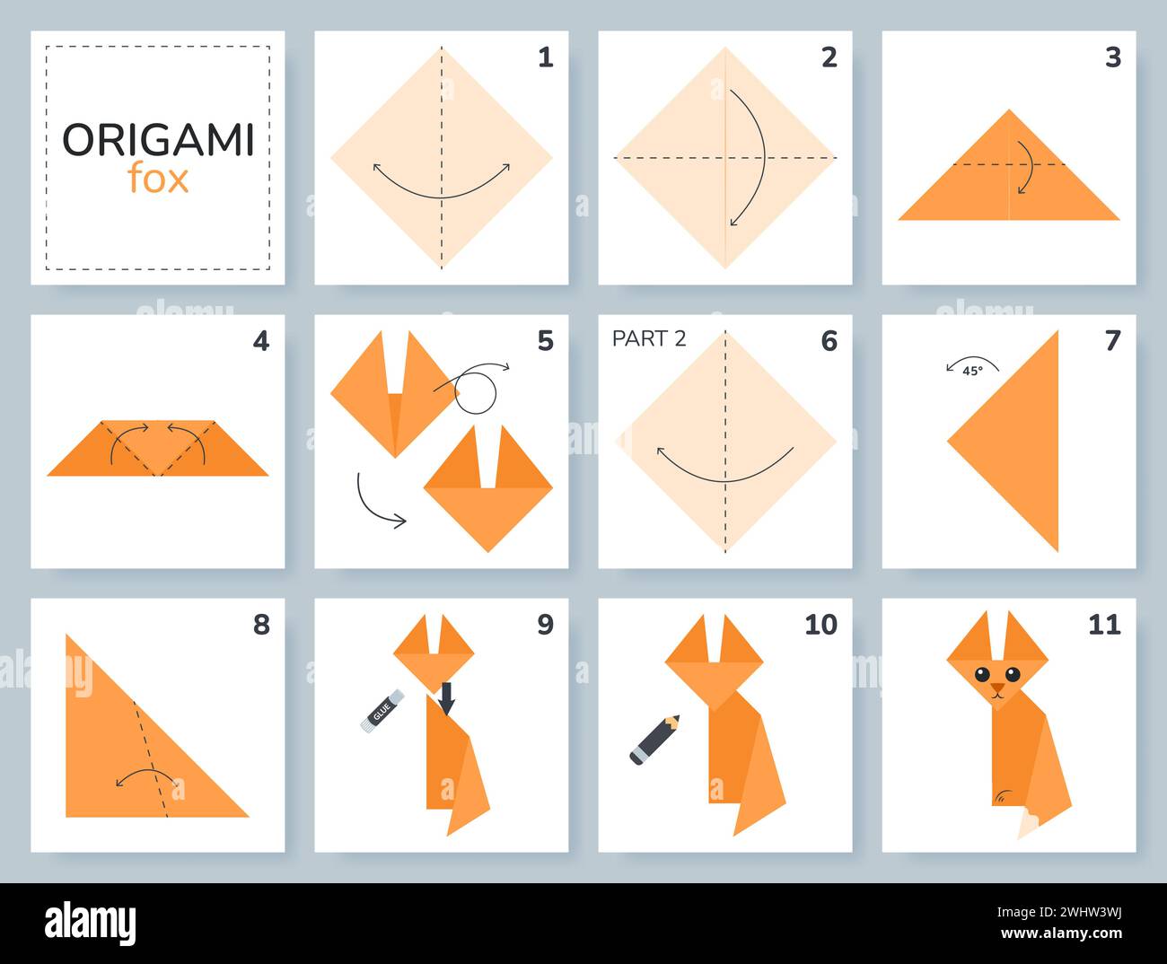 Origami tutorial for kids. Origami cute fox. Stock Vector