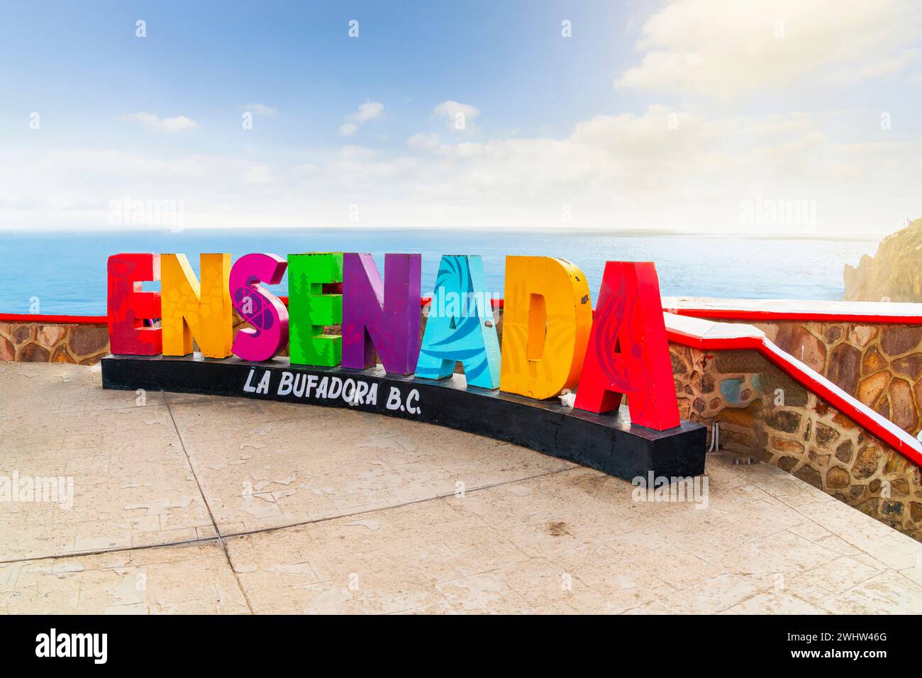 General view of the colorful Ensenada sign at the oceanfront La ...