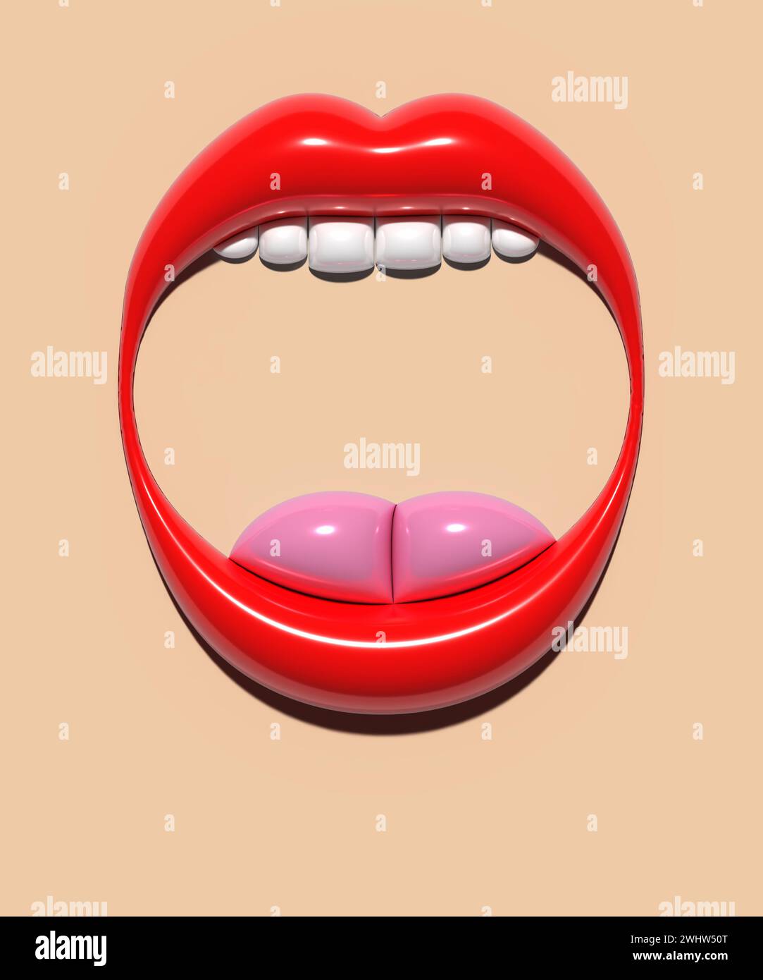Open mouth with red lips and white teeth, screaming. 3D rendering illustration Stock Photo