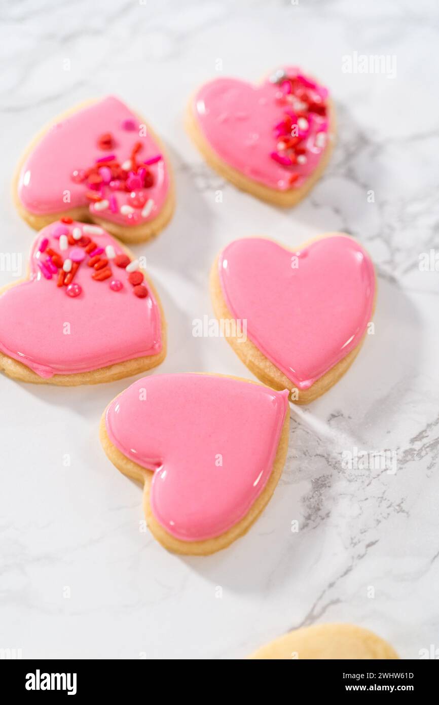Heart-shaped sugar cookies with royal icing Stock Photo