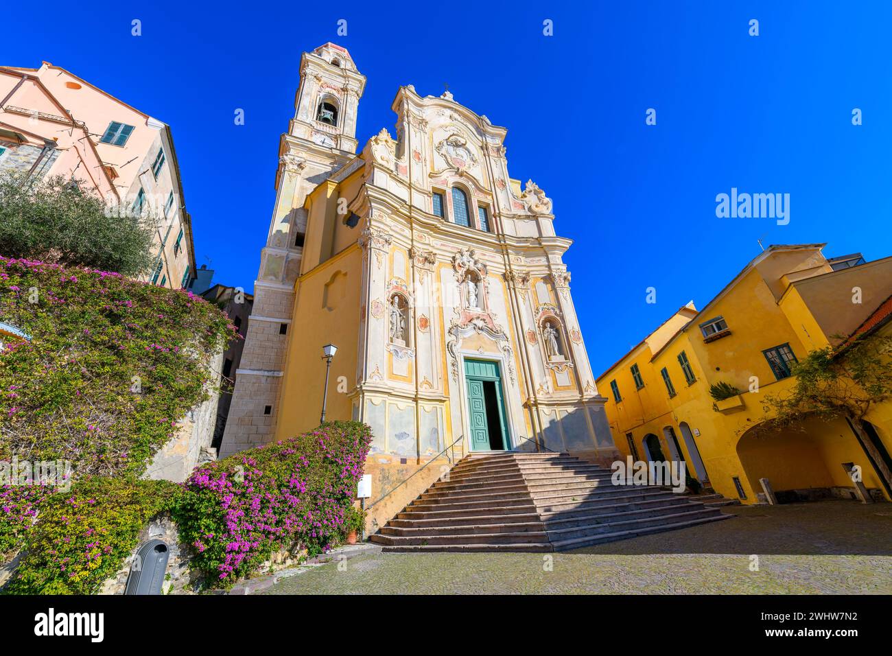 The 17th century Church of San Giovanni Battista rising above the medieval hill town of Cervo, Italy, in the Ligurian region of Northwest Italy. Stock Photo