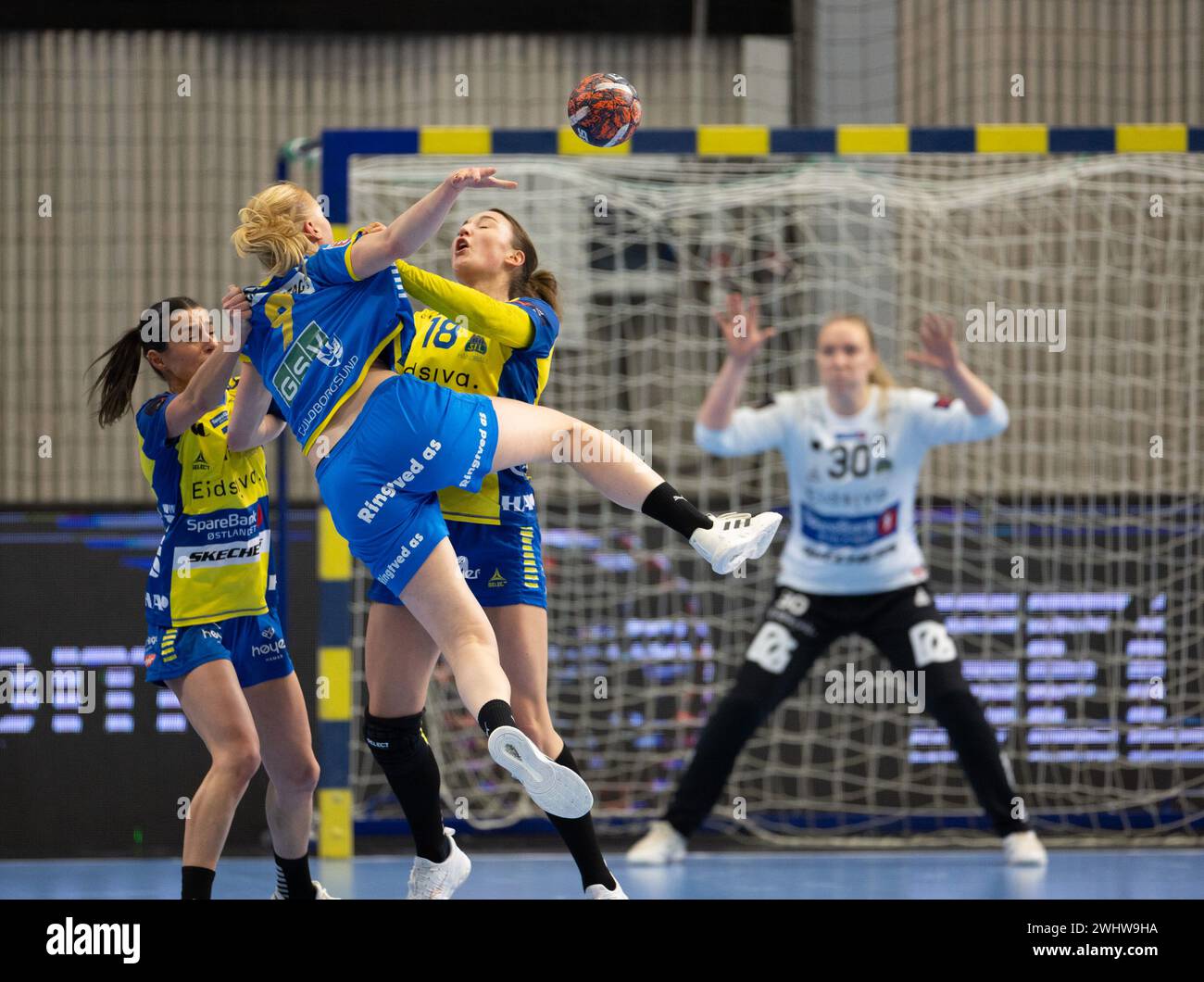 Hamar, Norway, February 11th 2024 Battle for the ball during the EHF